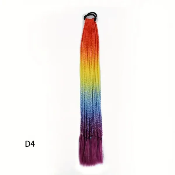 Rainbow colored hair extension with elastic band.