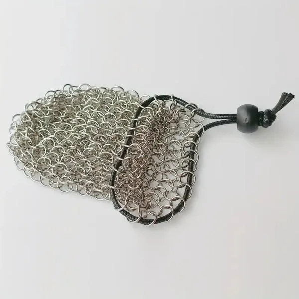 Silver chainmail pouch with black cord.