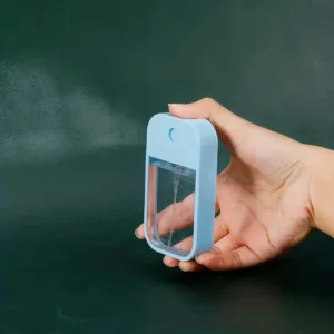 Hand holding a blue spray bottle.