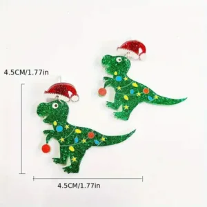 Green dinosaur Christmas earrings with lights.