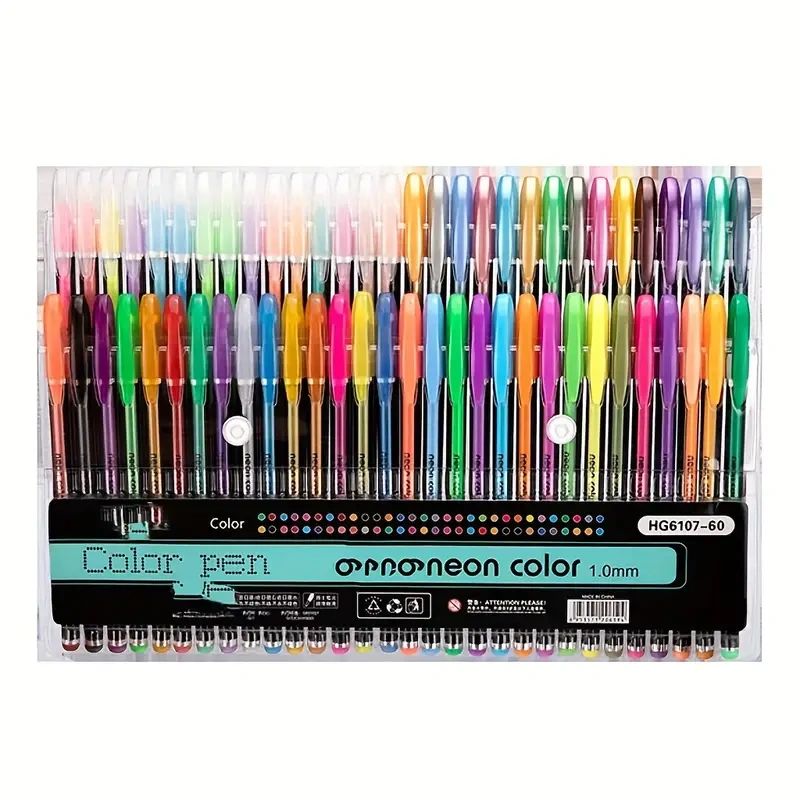 Set of 60 colorful neon gel pens.