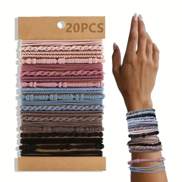 Twenty colorful hair ties on a card.