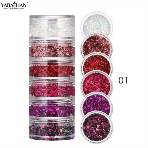 Multicolor glitter jars in a stack.