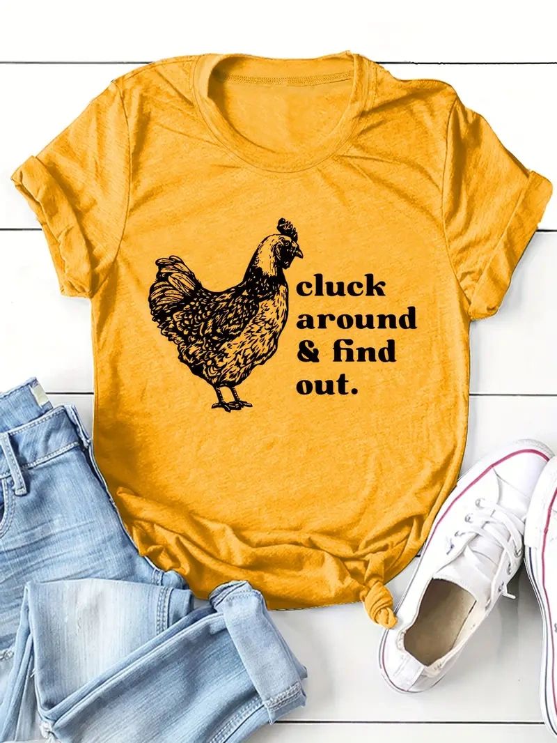 Yellow t-shirt with chicken and saying.