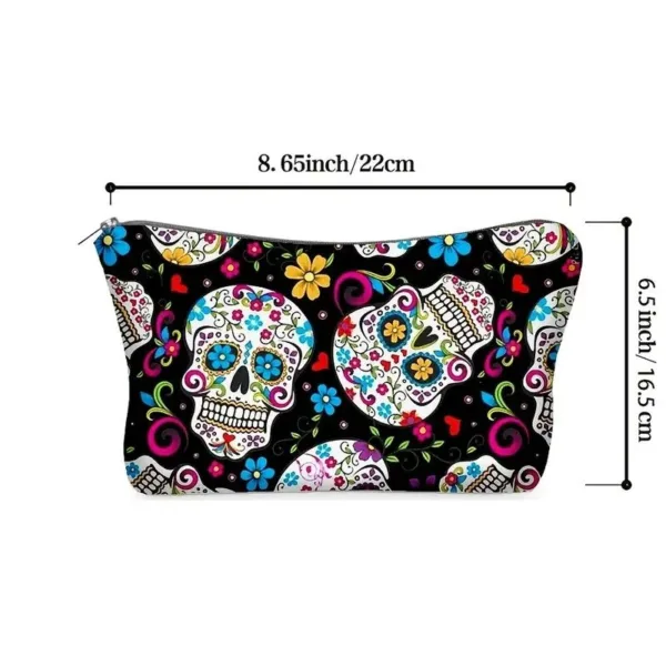 Black makeup bag with colorful sugar skulls.