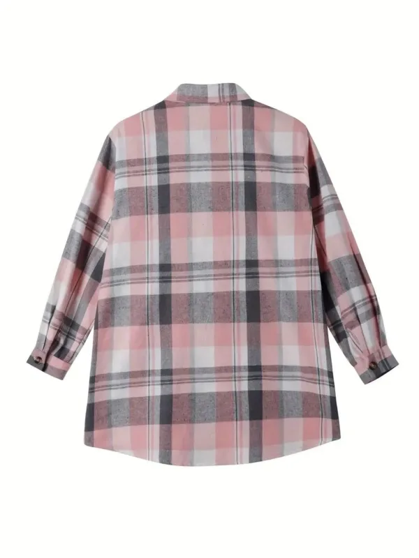 Pink and grey plaid button-down shirt.