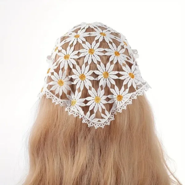 White lace head scarf with daisies.