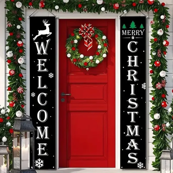 Welcome and Merry Christmas banners on red door.