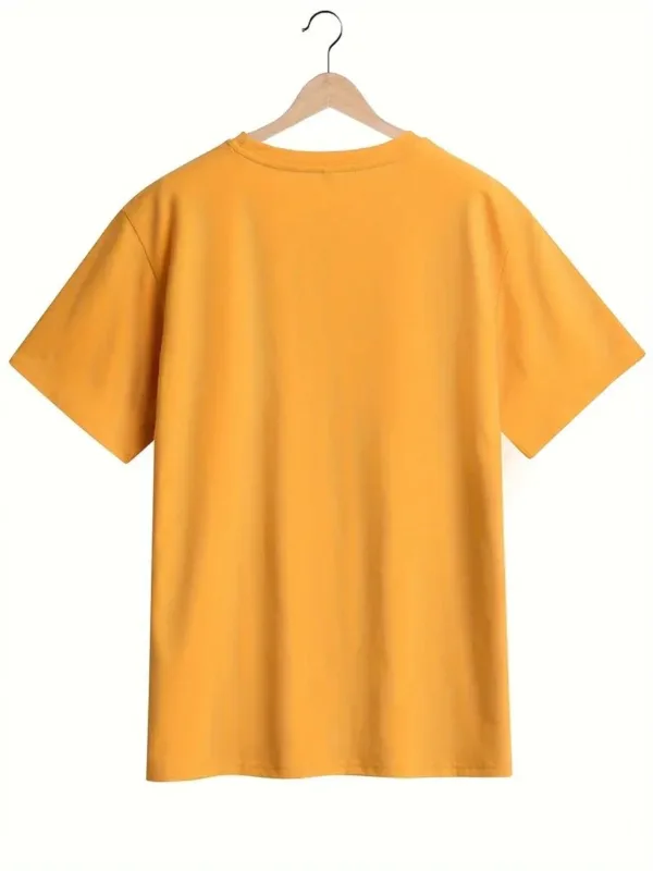 Yellow short sleeve t-shirt on hanger.