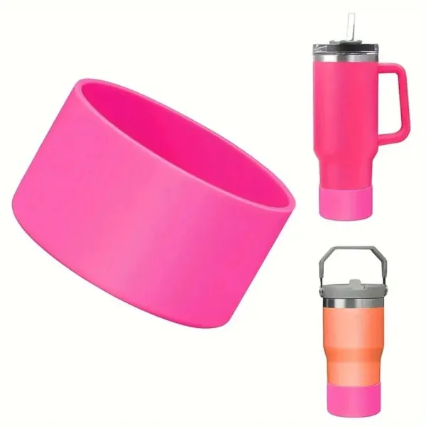 Pink silicone cup holder for tumbler.