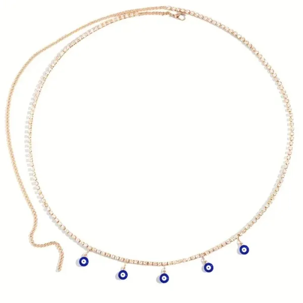 Gold chain with blue evil eye charms.