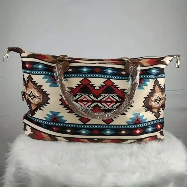 Beige and brown tribal patterned tote bag.