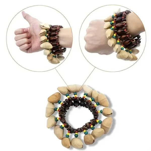 Wooden seed bracelet with colorful beads.