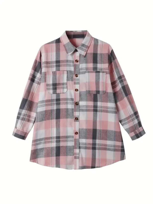 Pink and grey plaid long sleeve shirt