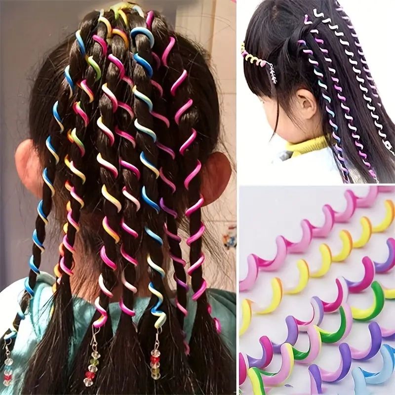 Colorful hair curlers in a girl's hair.