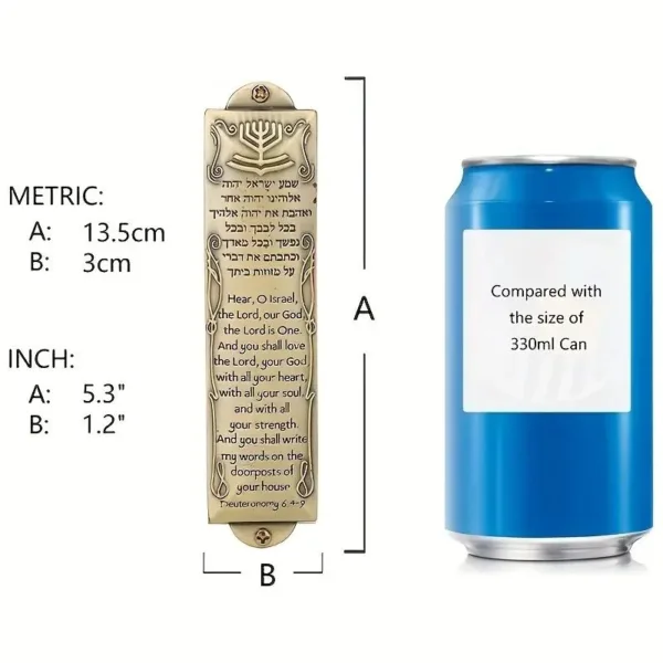 Gold mezuzah compared to 330ml can.