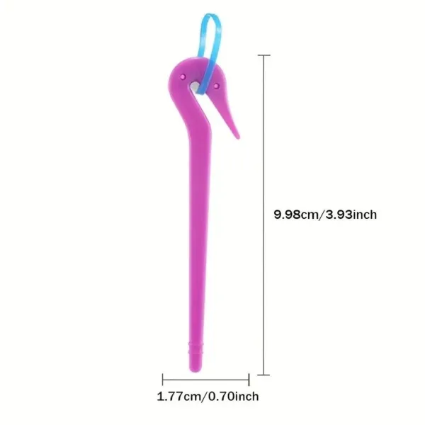 Pink plastic hook with blue strap.