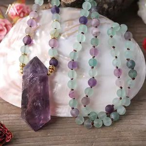 Amethyst crystal pendant with fluorite beads necklace.