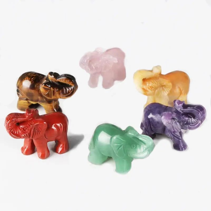 Six colorful gemstone elephant figurines.