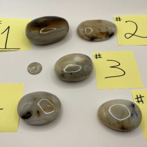 Five numbered agate stones on white background.