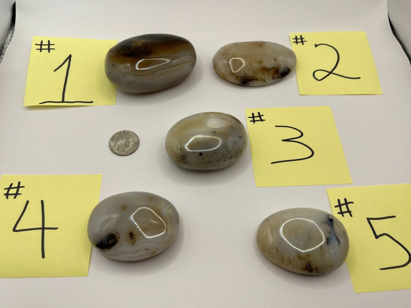 Five numbered agate stones on white background.