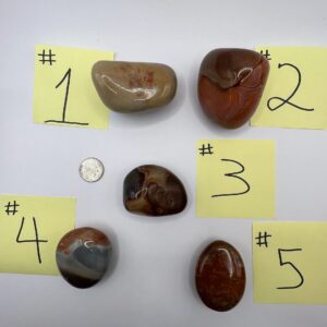 Five numbered agate stones on white background.