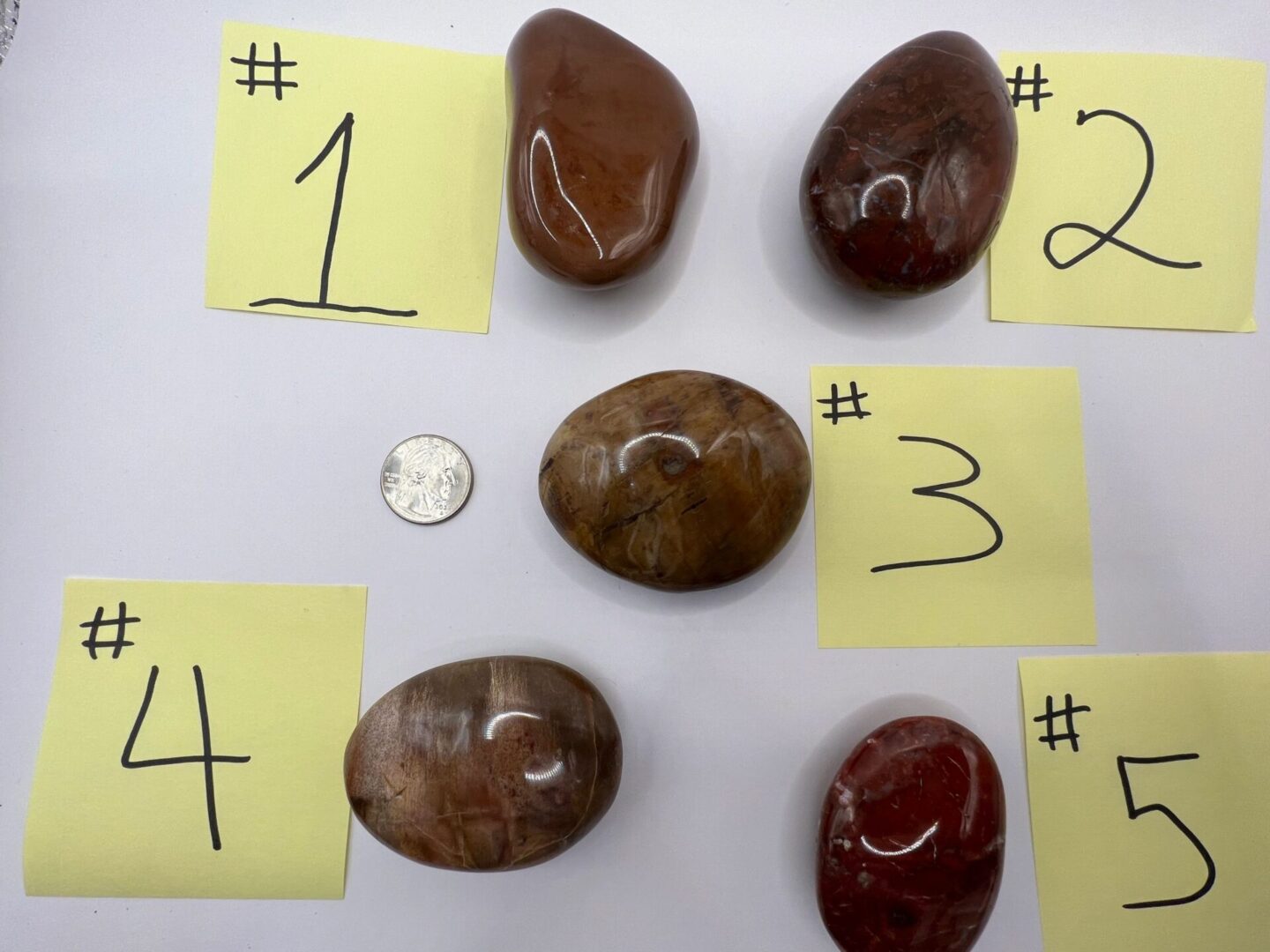 Five numbered polished stones on white background.