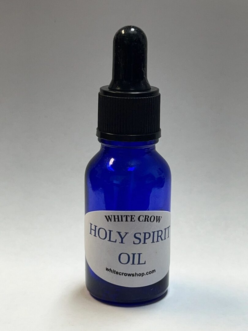 Blue bottle of Holy Spirit oil.