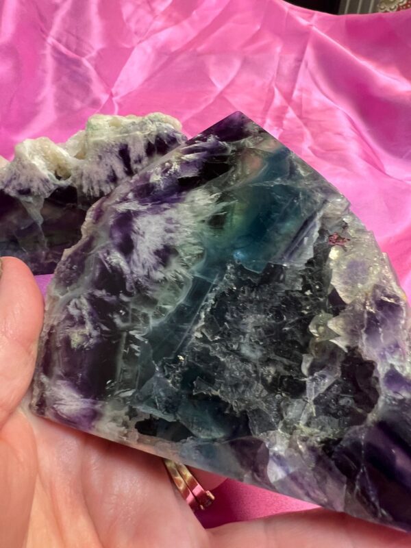 Purple, green, and white fluorite crystal.