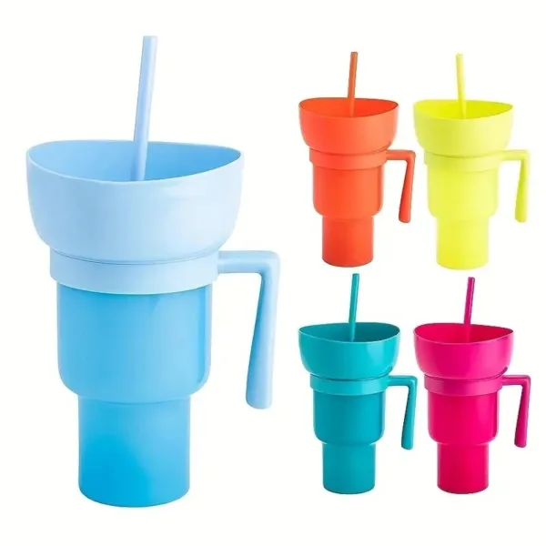 Set of colorful cups with straws and handles.