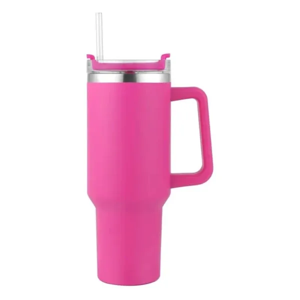 Pink stainless steel travel mug with handle and straw.