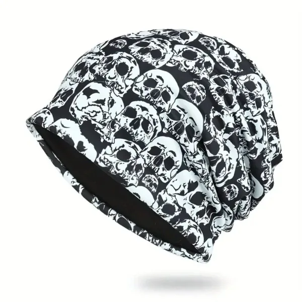 Black beanie with white skull print.