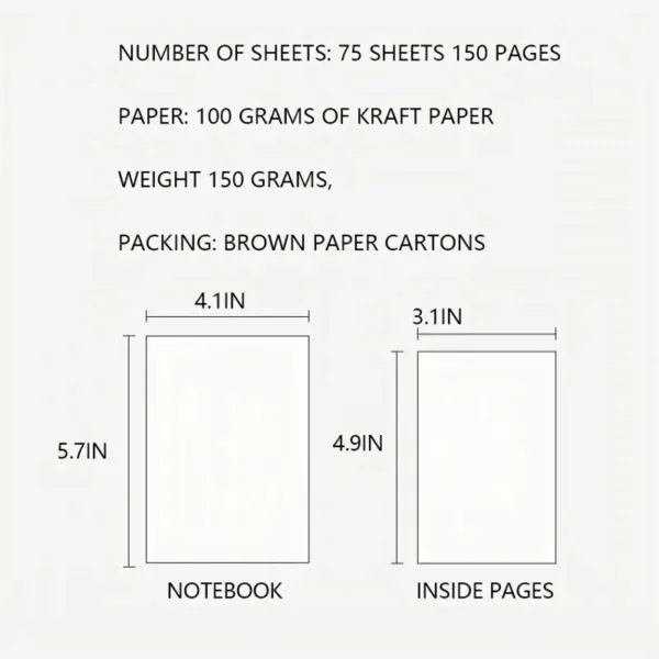 Notebook dimensions, 75 sheets, 150 pages.