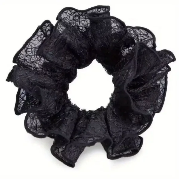 Black lace hair scrunchie with ruffles.