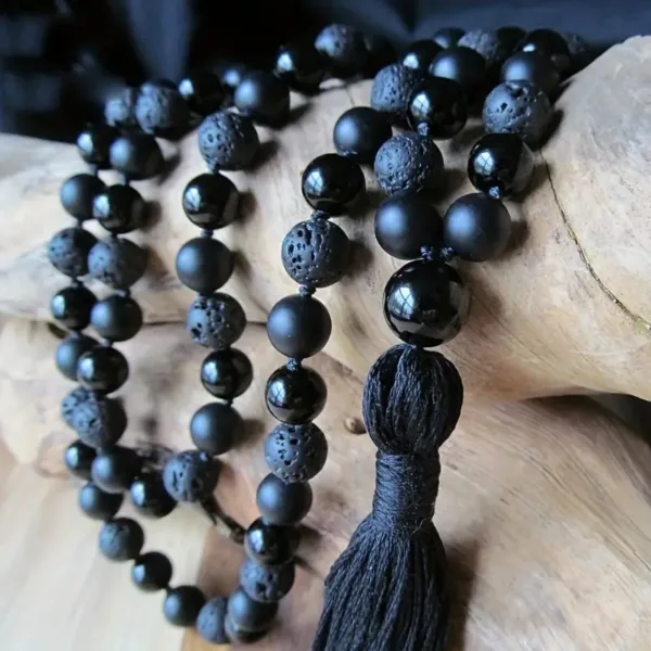 Black obsidian and lava rock mala necklace.