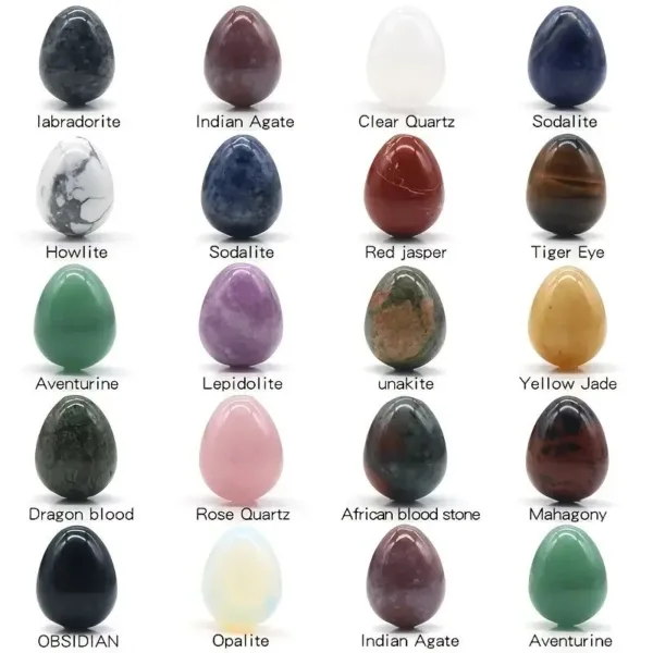 Collection of polished gemstone eggs.