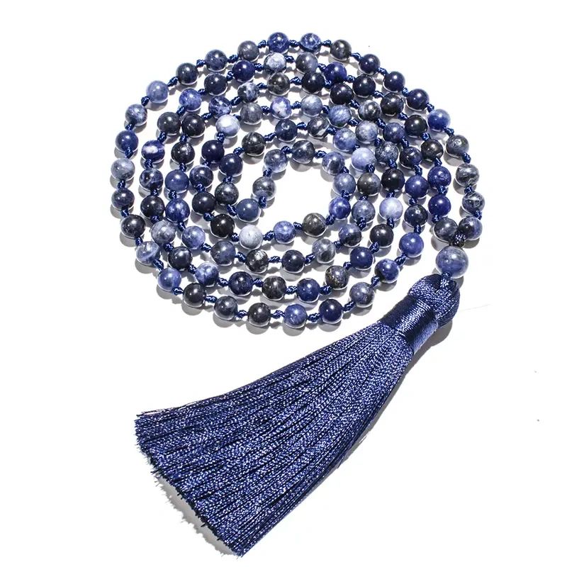 Blue gemstone mala with tassel.