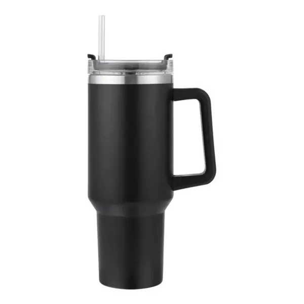 Black stainless steel travel mug with handle and straw.