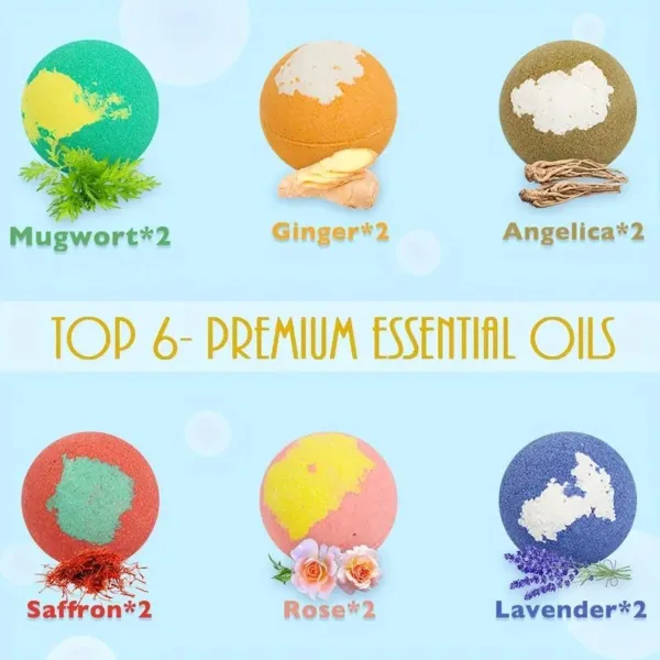 Six colorful bath bombs with essential oils.