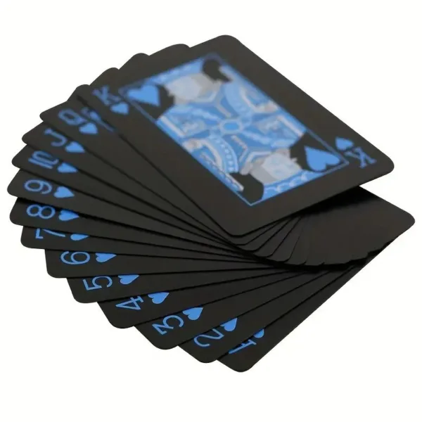 Black deck of playing cards with blue suits.