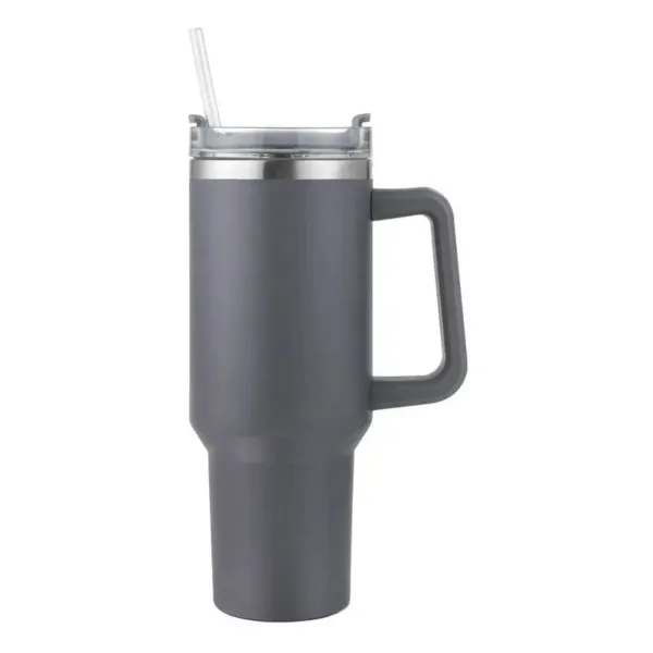 Gray stainless steel travel mug with handle and straw.