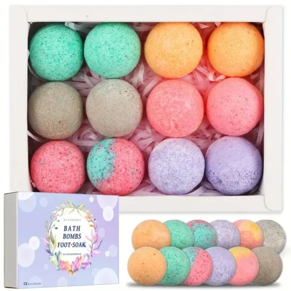 Box of colorful bath and foot soak bombs.