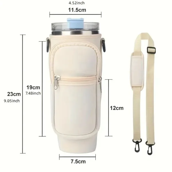 White insulated tumbler bag with strap.