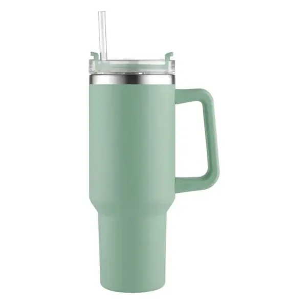 Green stainless steel travel mug with handle and straw.