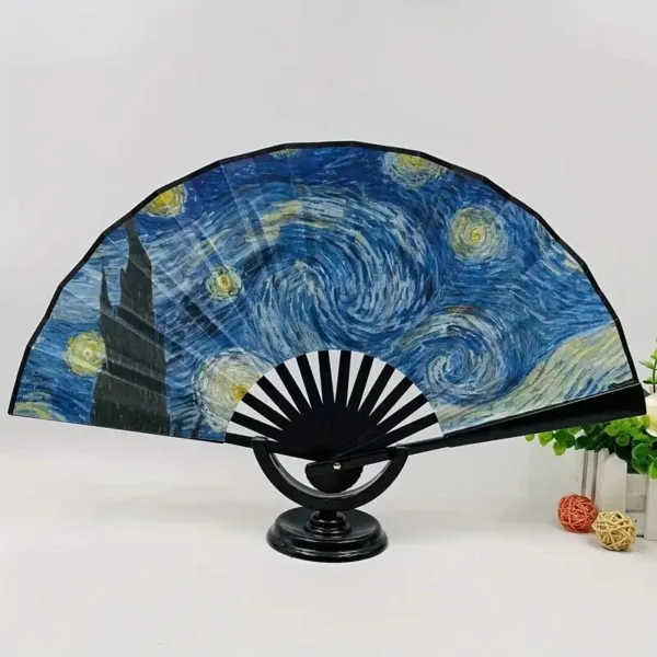 Starry night hand fan on stand.