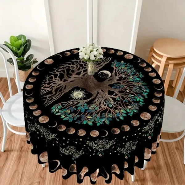 Black tablecloth with tree of life and moon phases.