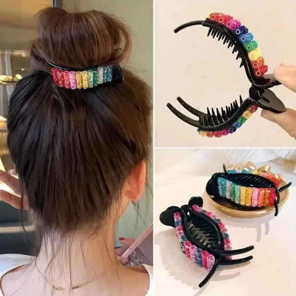 Woman with rainbow hair clips.