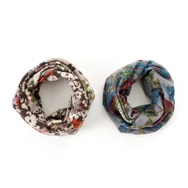 Two patterned infinity scarves.