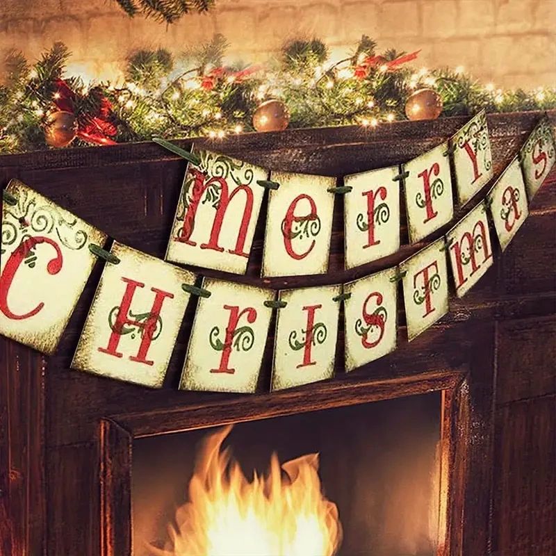 Merry Christmas banner over fireplace