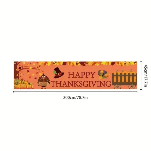 Happy Thanksgiving banner with turkeys and pumpkins.